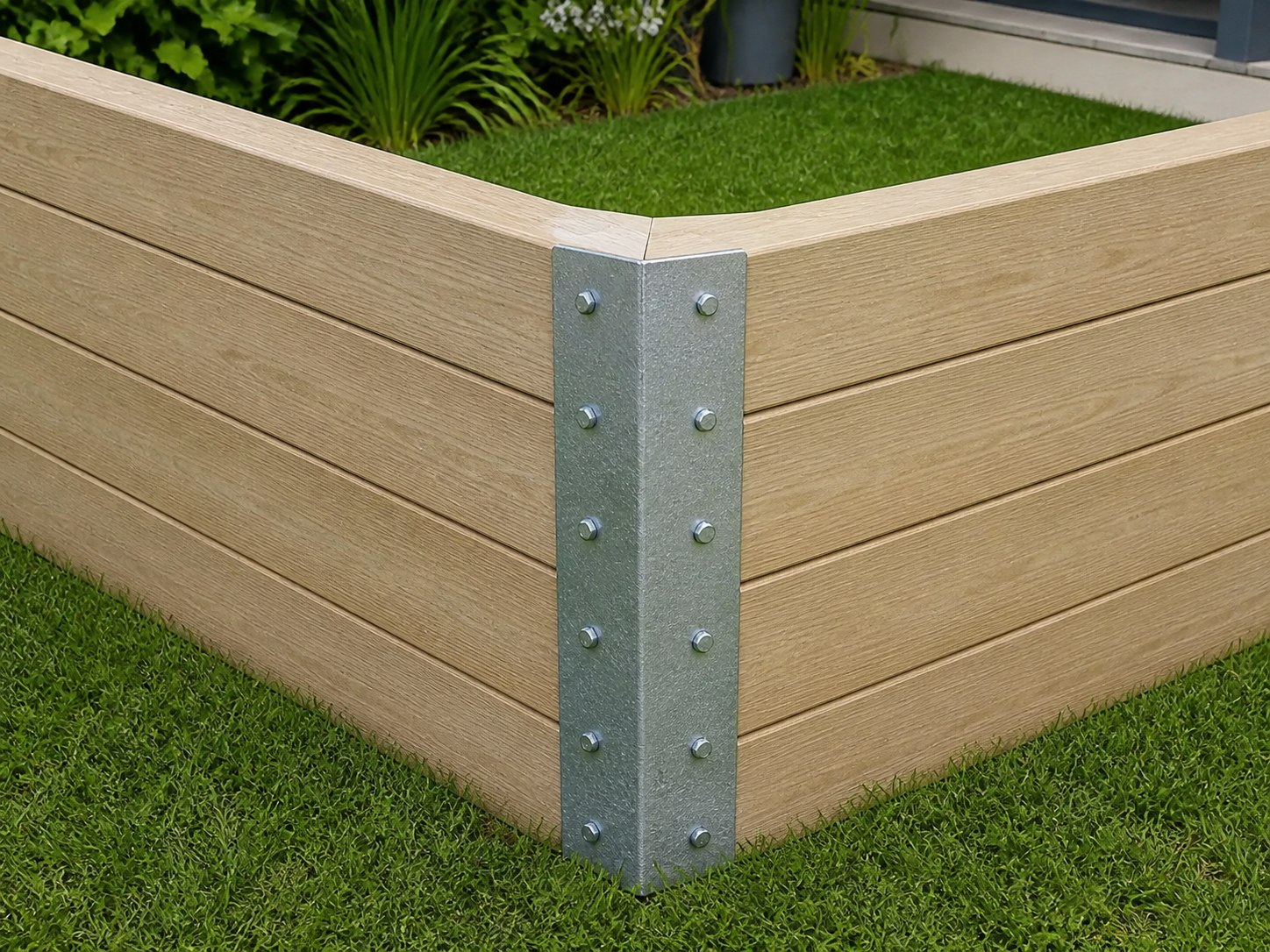 Illustrative close-up of a galvanised Gaga Pit Kits Australia bracket installed on an 80 centimetre-high timber corner with hex-head coach screws