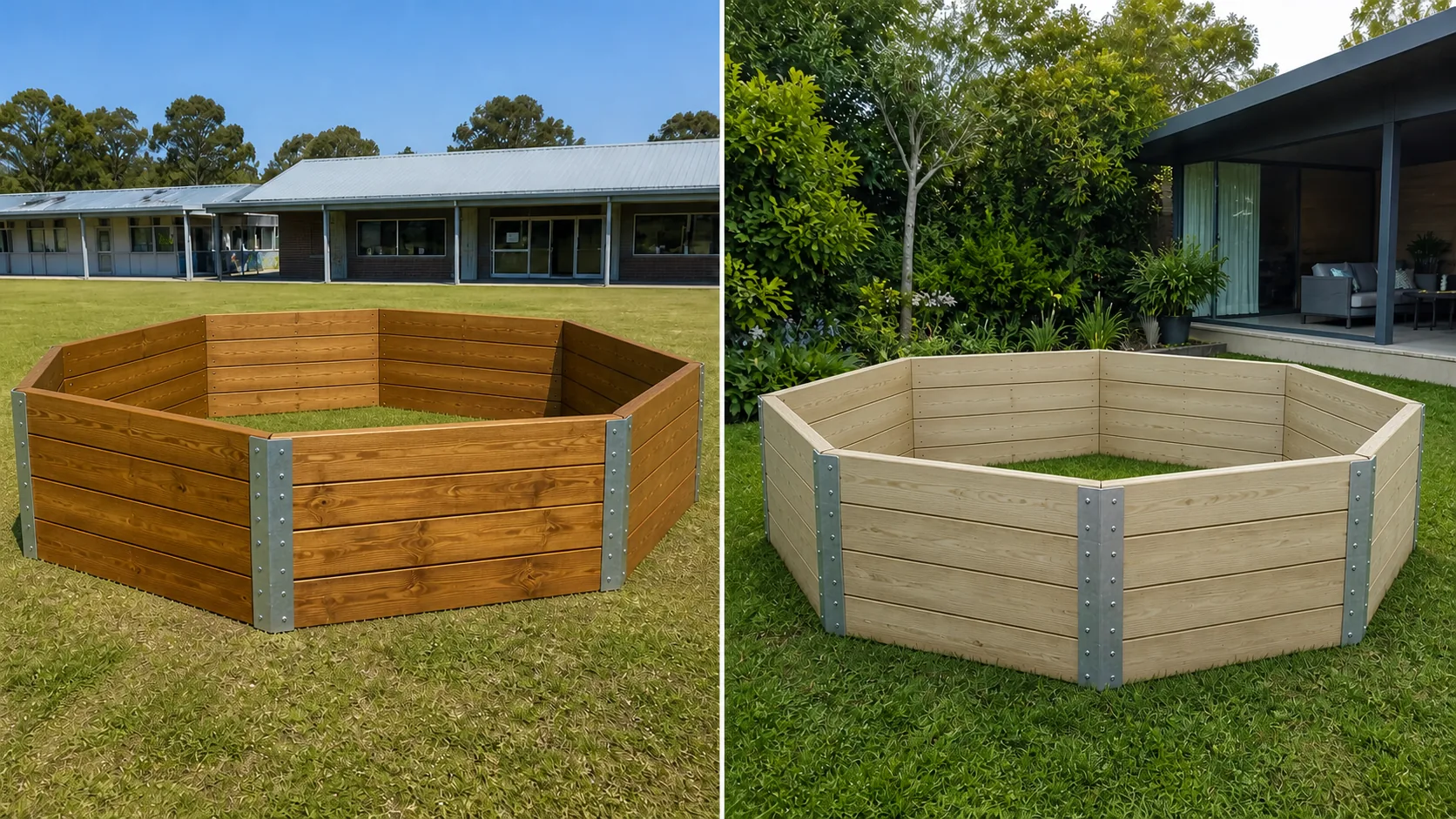 Finished octagonal gaga pit built with timber sleepers and steel brackets