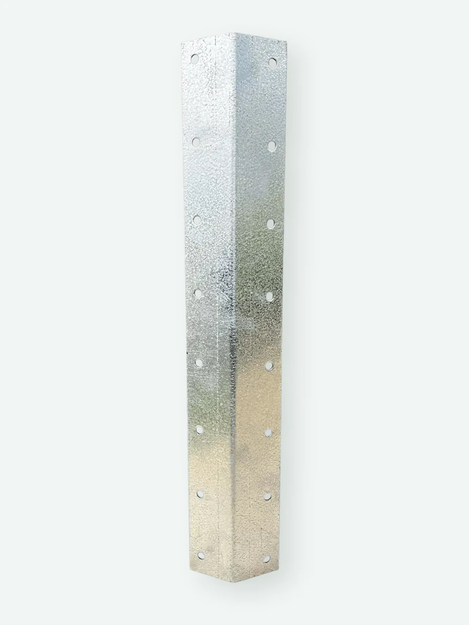 Galvanised steel corner support photographed in a workshop