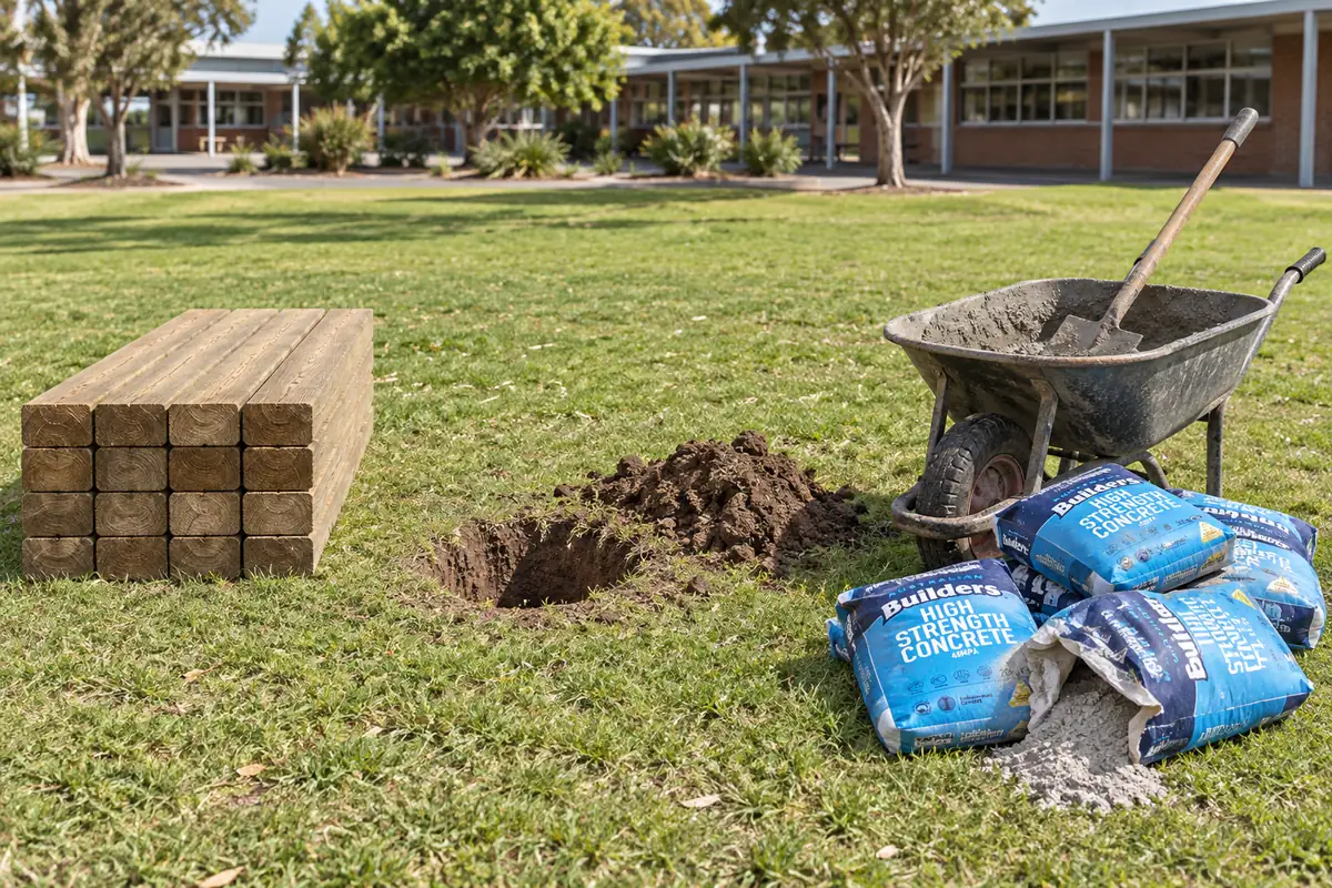 A school lawn with a stack of timber posts, a freshly dug post hole and a wheelbarrow of wet concrete beside bags of cement, each crossed out