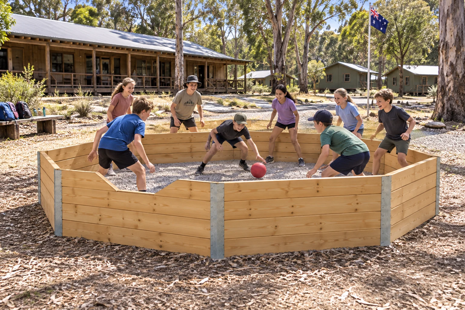 Kids playing gaga in a new 80 cm timber pit at a bush camp, with a timber lodge and gum trees behind