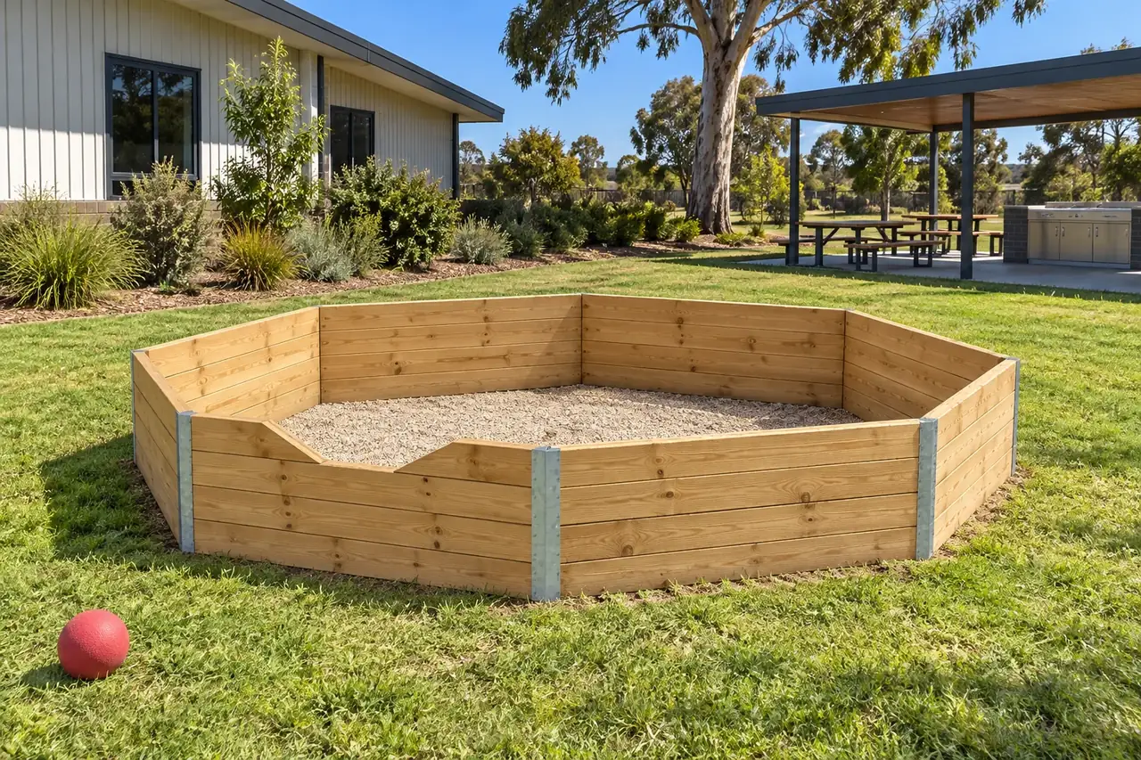 An 80 cm timber gaga pit on the lawn beside a hall, with picnic tables and a barbecue area behind