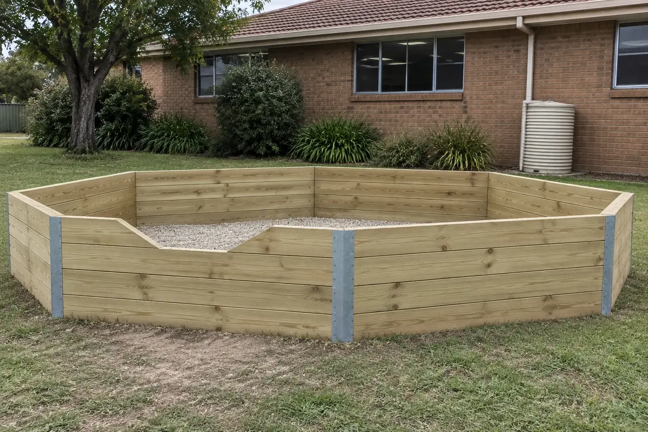 A new 80 cm timber gaga pit on the lawn beside a brick community hall