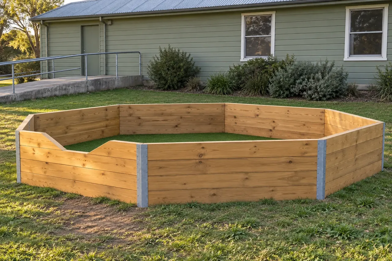 A new 80 cm timber gaga pit with turf inside, on the lawn beside a weatherboard hall