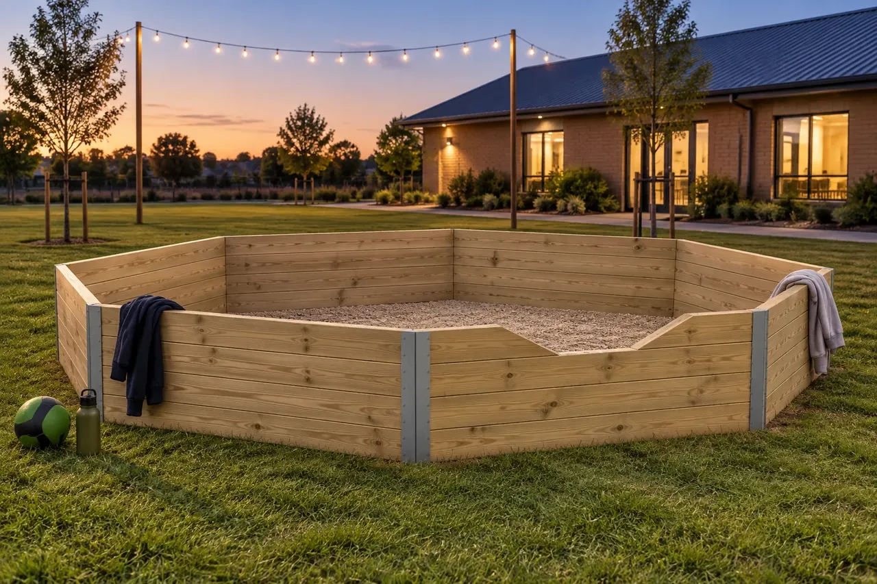 A new 80 cm timber gaga pit on the lawn at dusk, string lights overhead and the hall windows glowing behind