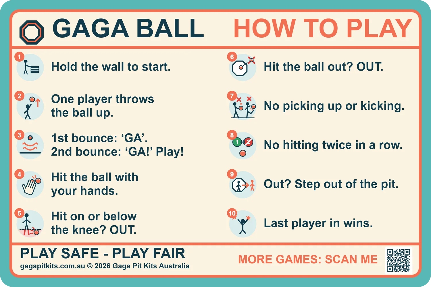 Gaga Pit how to play sign: ten rules, each with a picture
