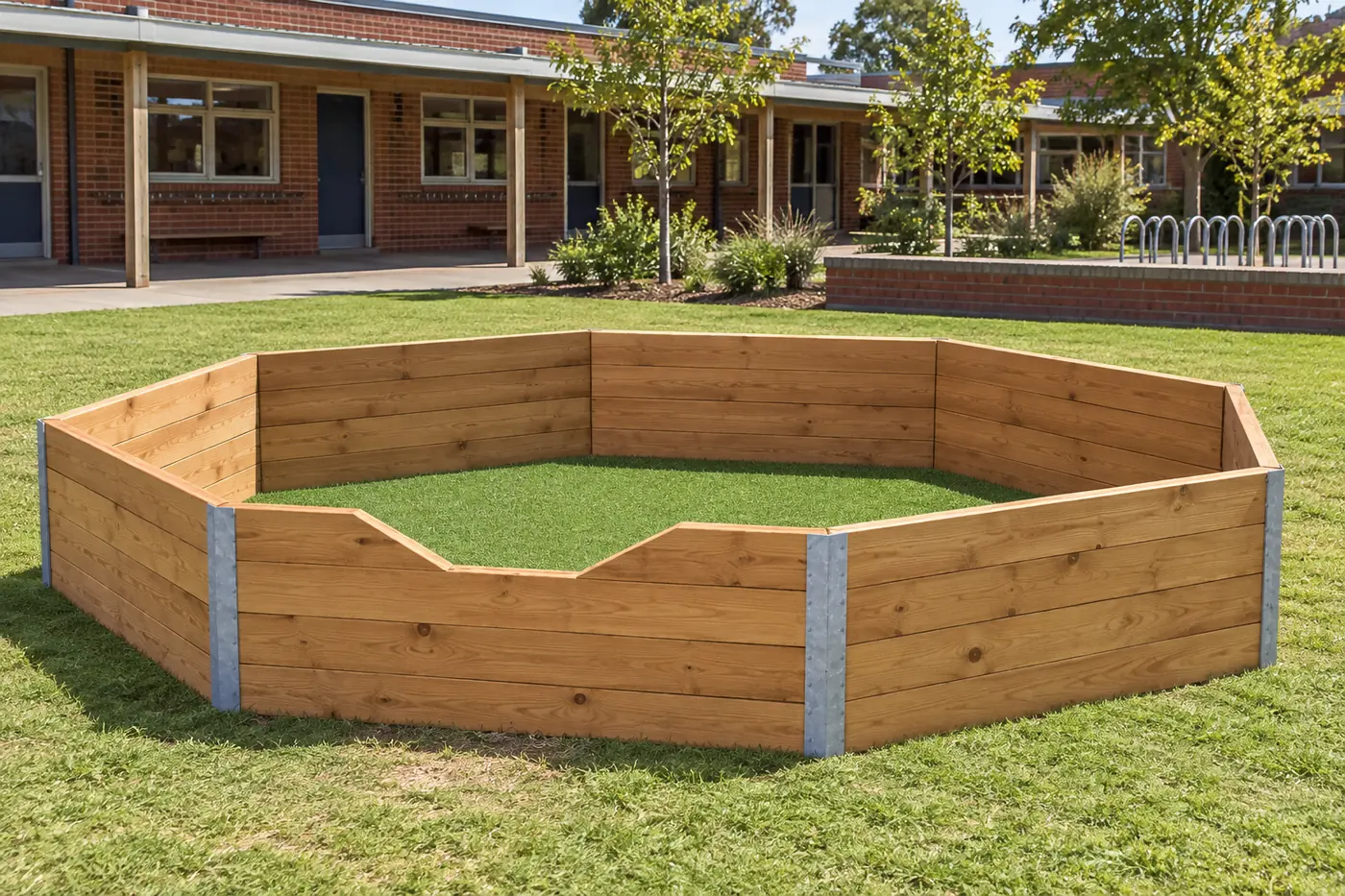 A brand new octagonal gaga pit with 80 cm hardwood timber walls and steel corner supports on a school oval