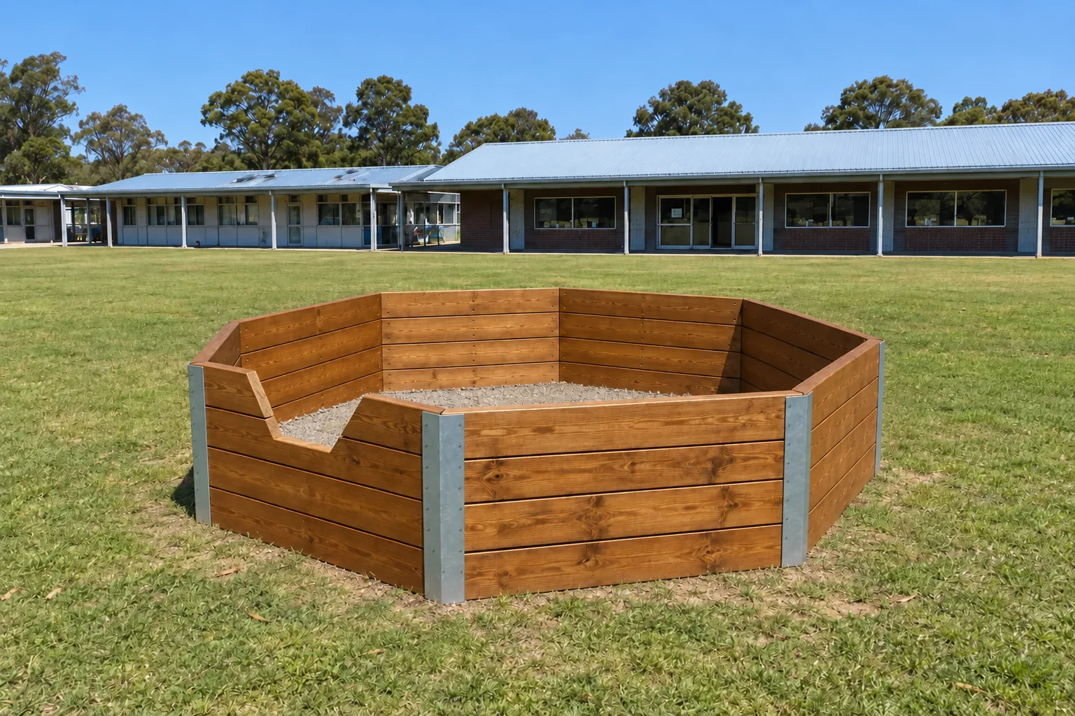 Octagonal gaga pit on a school oval in Australia
