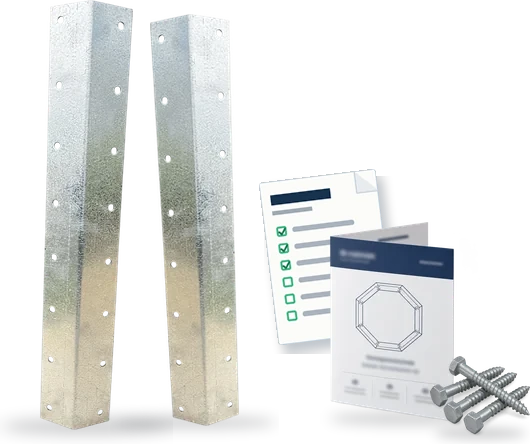 A pair of galvanised steel corner supports, a pile of hex bolts, the printed build guide and the printed timber shopping list