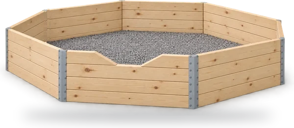 A finished octagonal timber gaga pit with steel corner supports