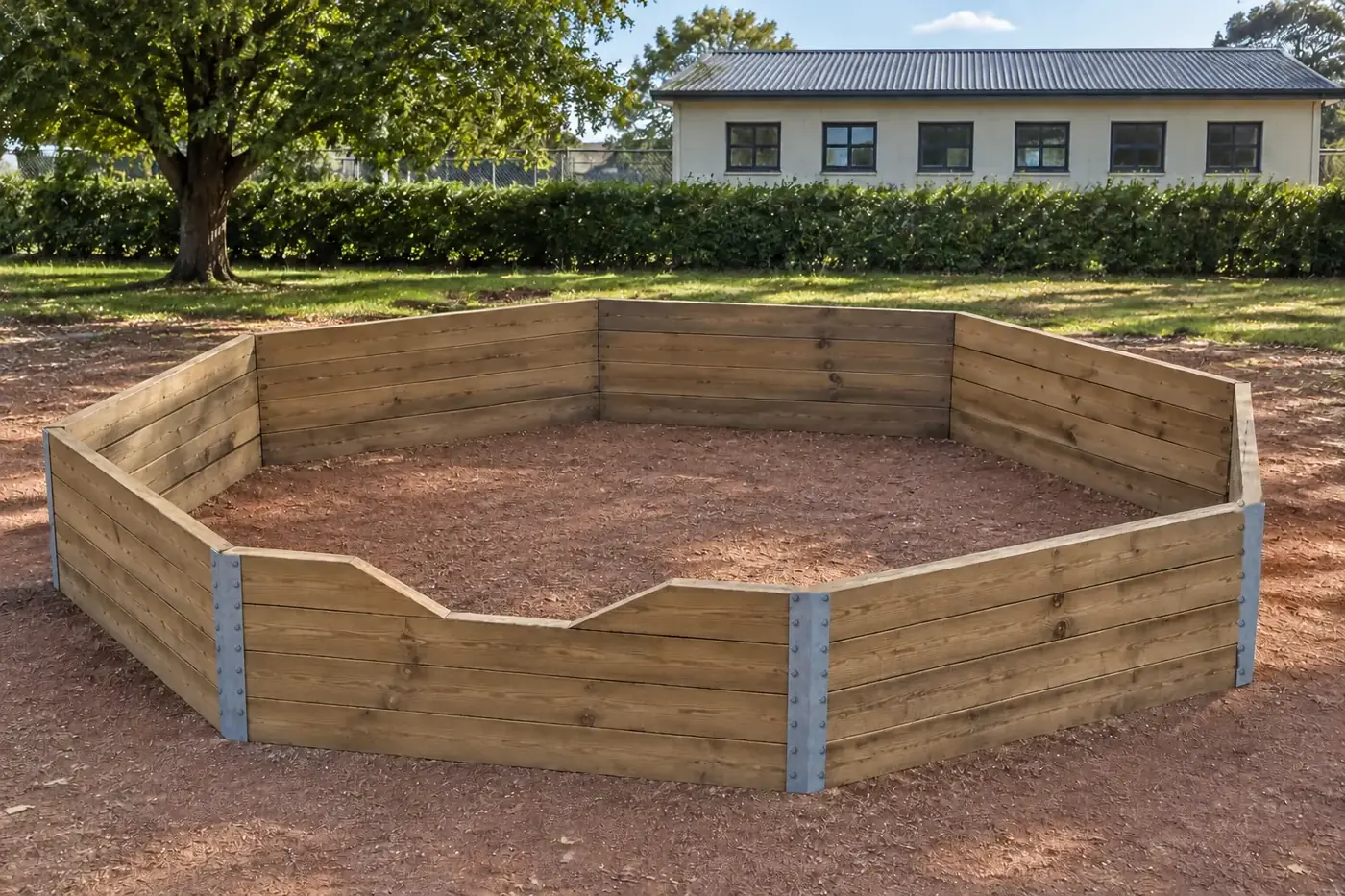 An 80 cm timber gaga pit with steel corner supports in a school courtyard, beside a classroom block with a covered walkway