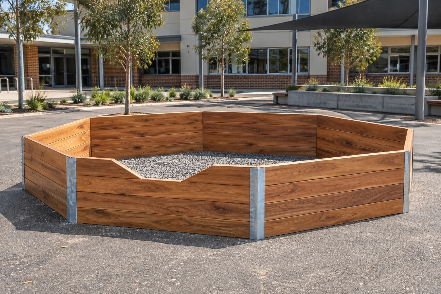 An 80 cm octagonal gaga pit of hardwood sleepers on a school yard, showing its eight-sided shape