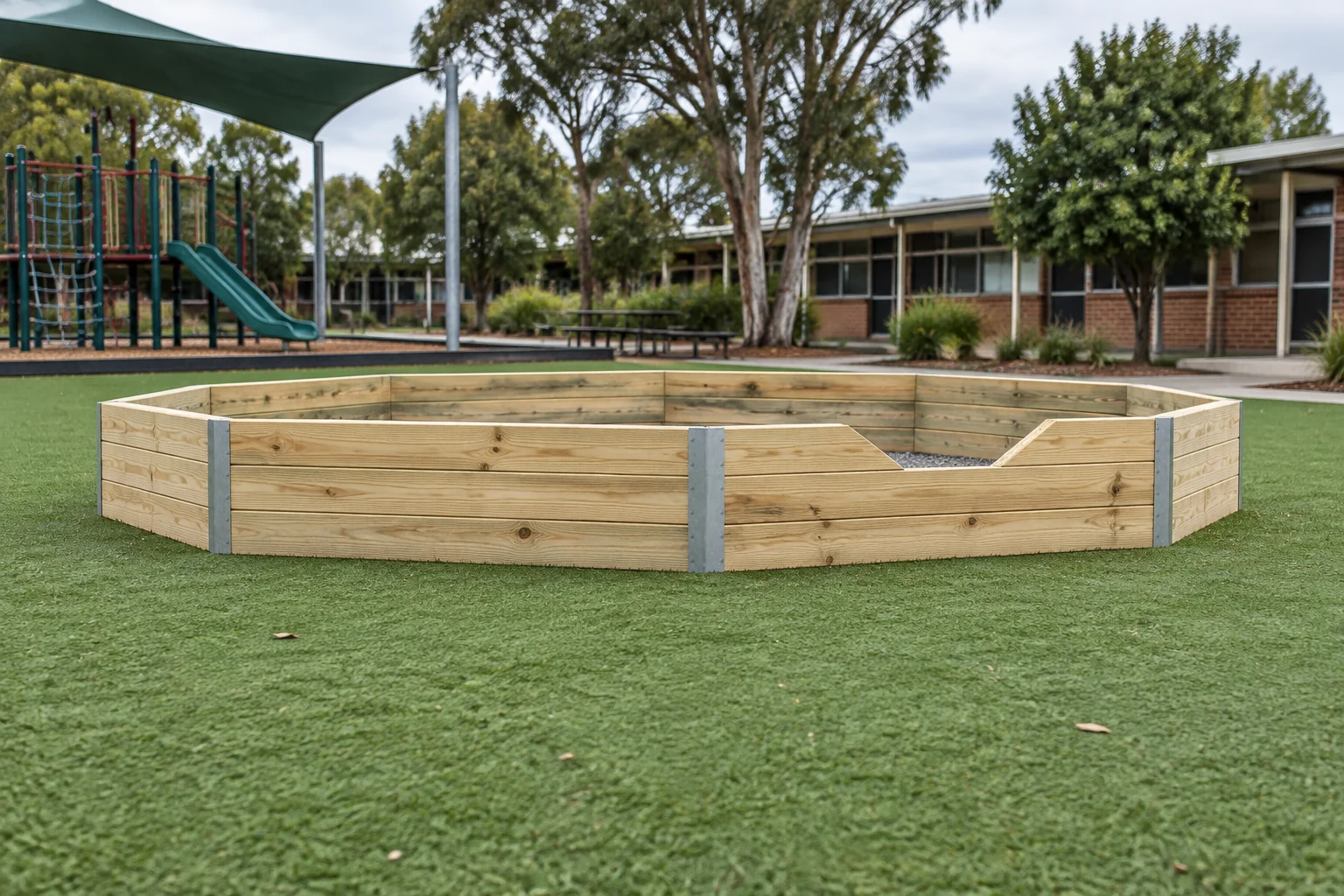Gaga pit of natural pine sleepers on synthetic turf in a school playground, with a crushed rock floor