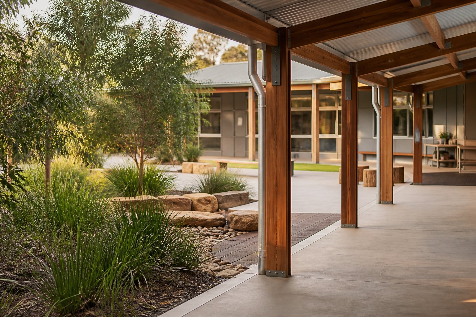 Covered outdoor walkway and garden at an Australian school